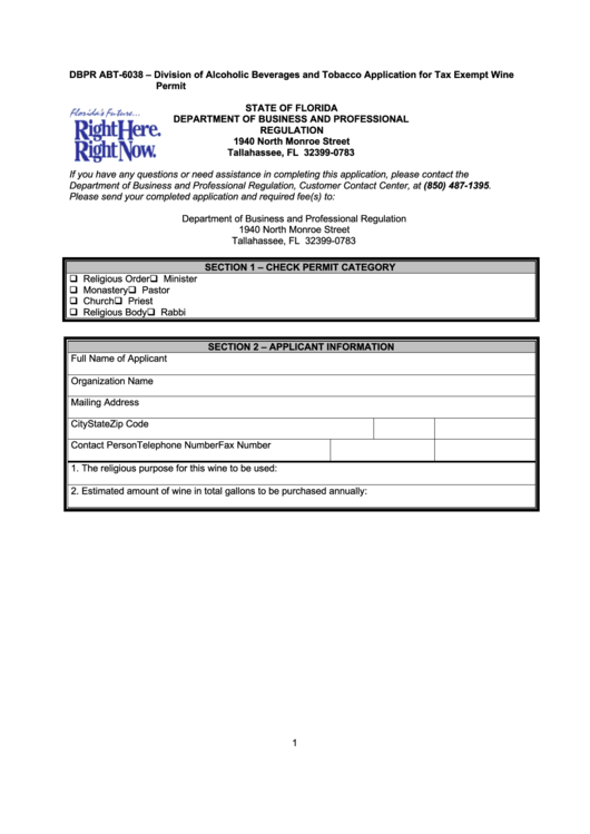 Form Dbpr Abt-6038 - Division Of Alcoholic Beverages And Tobacco Application For Tax Exempt Wine Permit Printable pdf