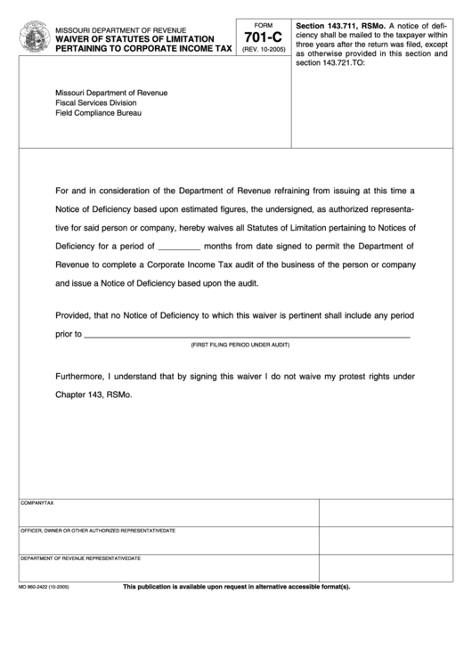 Fillable Form 701-C - Waiver Of Statutes Of Limitation Pertaining To Corporate Income Tax Printable pdf