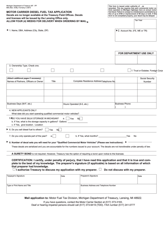 Form 660 - Motor Carrier Diesel Fuel Tax Application - 1999 Printable pdf