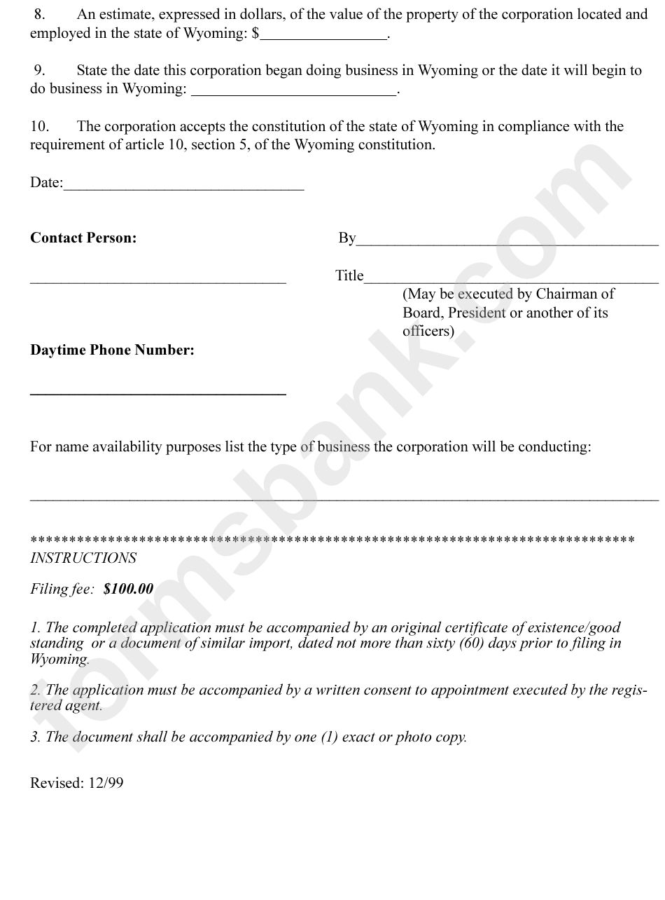 Application For Certificate Of Authority - Wyoming Secretary Of State