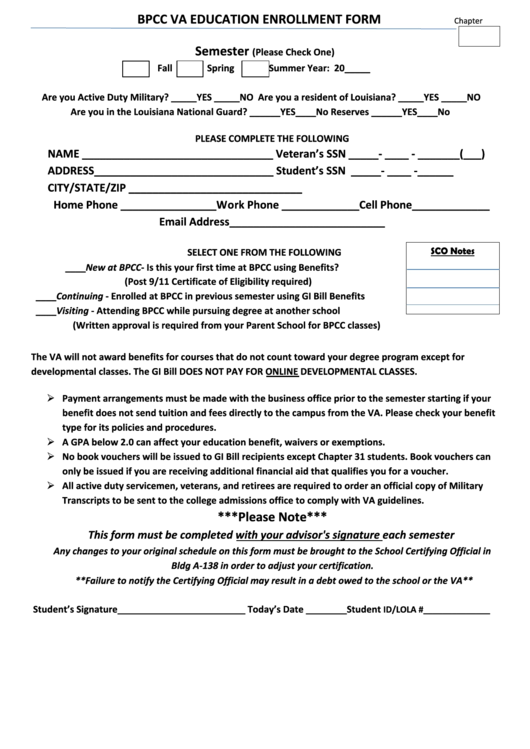 Bpcc Va Education Enrollment Form ***please Note*** Printable pdf