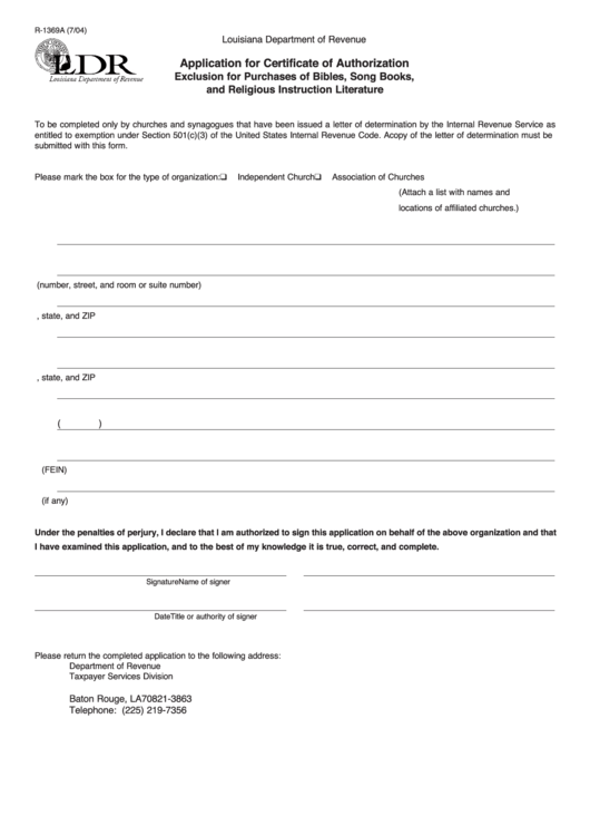 Form R-1369a - Application For Certificate Of Authorization Exclusion For Purchases Of Bibles, Song Books, And Religious Instruction Literature Printable pdf
