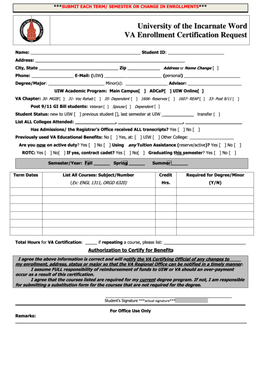 Fillable Va Enrollment Certification Request Form - University Of The Incarnate Word Printable pdf