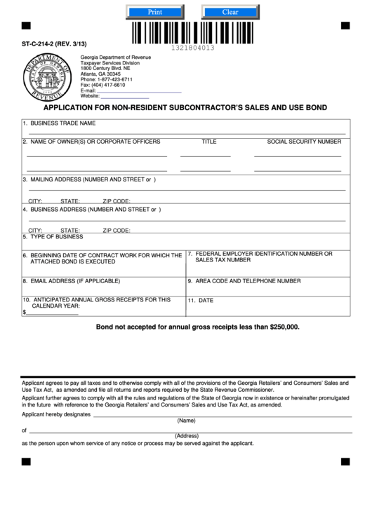 Fillable Form St-C-214-2 - Application For Non-Resident Subcontractor