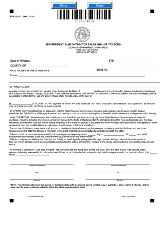 Fillable Form St-C-214-3 - Nonresident Subcontractor Sales And Use Tax Bond Printable pdf