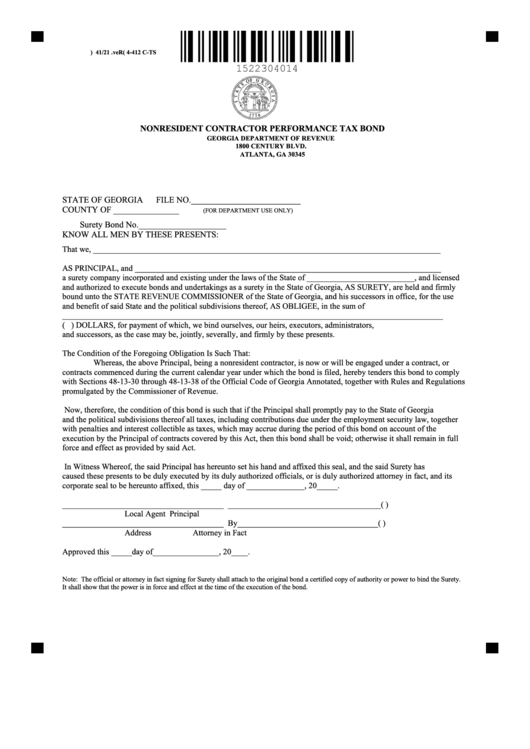 Fillable Form St-C-214-4 - Nonresident Contractor Performance Tax Bond - Georgia Department Of Revenue Printable pdf