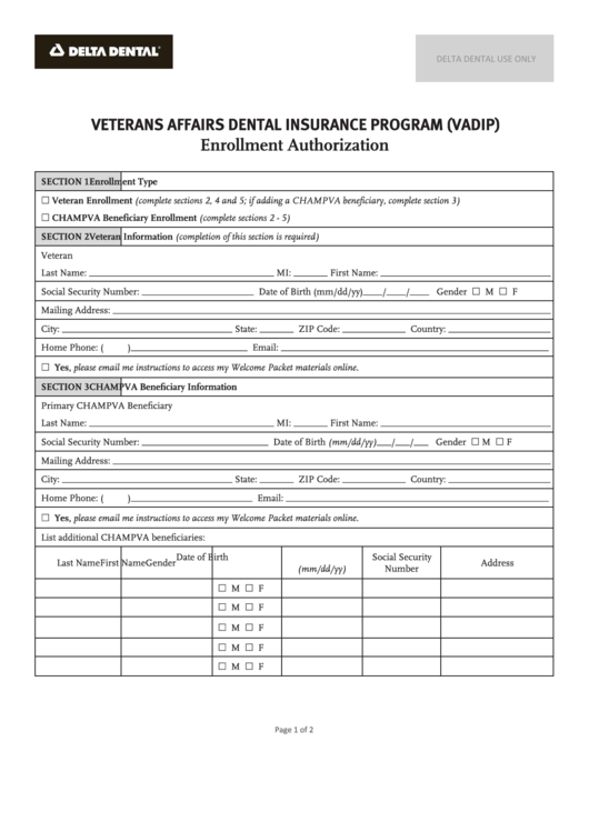 Veterans Affairs Dental Insurance Program (Vadip) Enrollment Authorization Form Printable pdf
