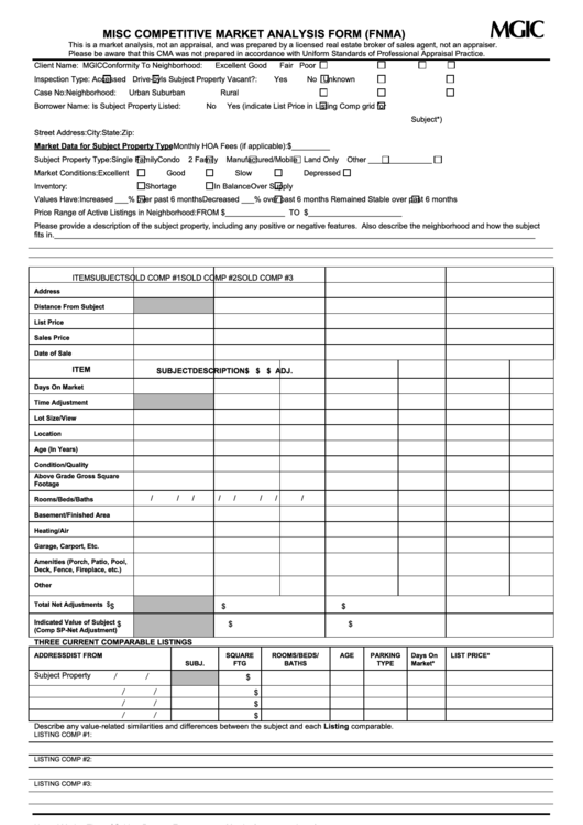 Misc Competitive Market Analysis Form (Fnma) Printable pdf