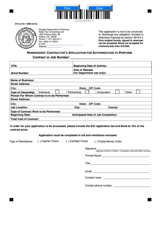 Fillable Form St-C 214-1 - Nonresident Contractor