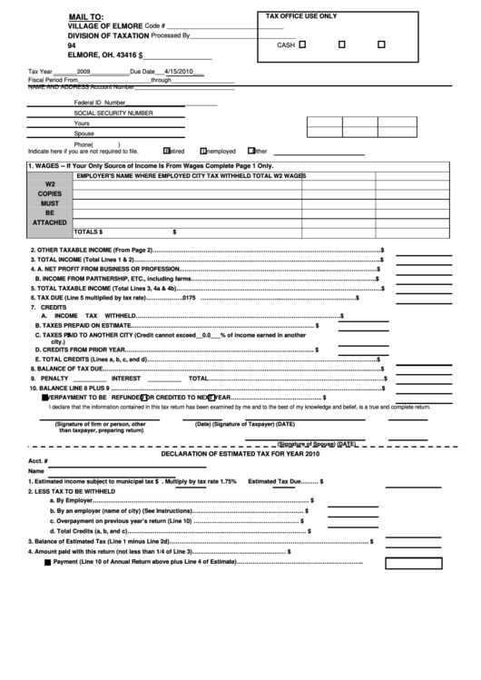 Declaration Of Estimated Tax For Year 2010 - Village Of Elmore Printable pdf