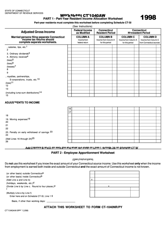 Fillable Worksheet Ct-1040aw - Part-Year Resident Income Allocation Worksheet, Employee Apportionment Worksheet - 1998 Printable pdf
