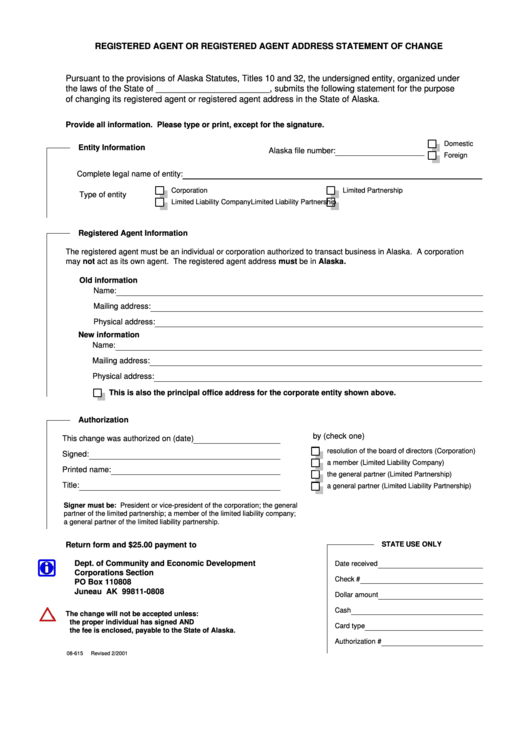 Fillable Registered Agent Or Registered Agent Address Statement Of Change Form - Alaska Department Of Community And Economic Development Printable pdf