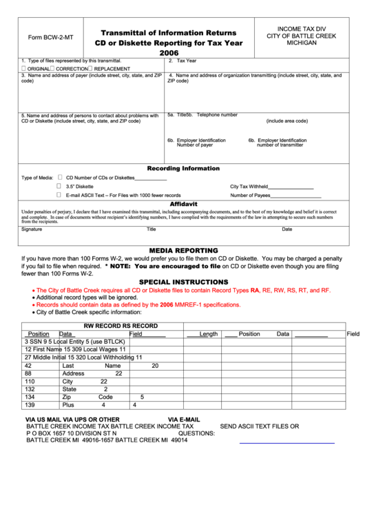 Form Bcw-2-Mt - Transmittal Of Information Returns Cd Or Diskette Reporting For Tax Year 2006 Printable pdf