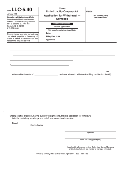 Fillable Form Llc-5.40 - Application For Withdrawal Domestic Printable pdf