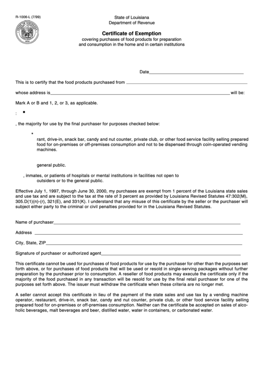 Fillable Form R-1006-L - Certificate Of Exemption - 1999 Printable pdf
