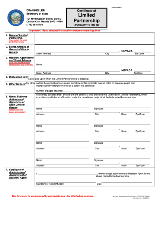 Certificate Of Limited Partnership - Nevada Secretary Of State - 2000 Printable pdf