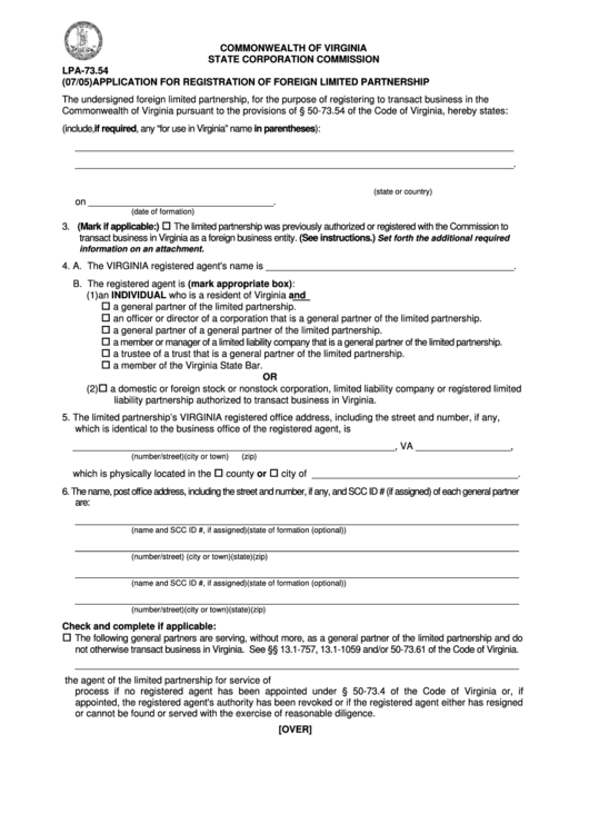 Form Lpa-73.54 - Application For Registration Of Foreign Limited Partnership - 2005