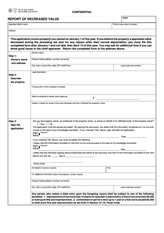 Form 50-127 - Report Of Decreased Value Printable pdf