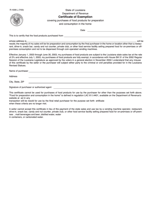 Fillable Form R-1006-L - Certificate Of Exemption Printable pdf