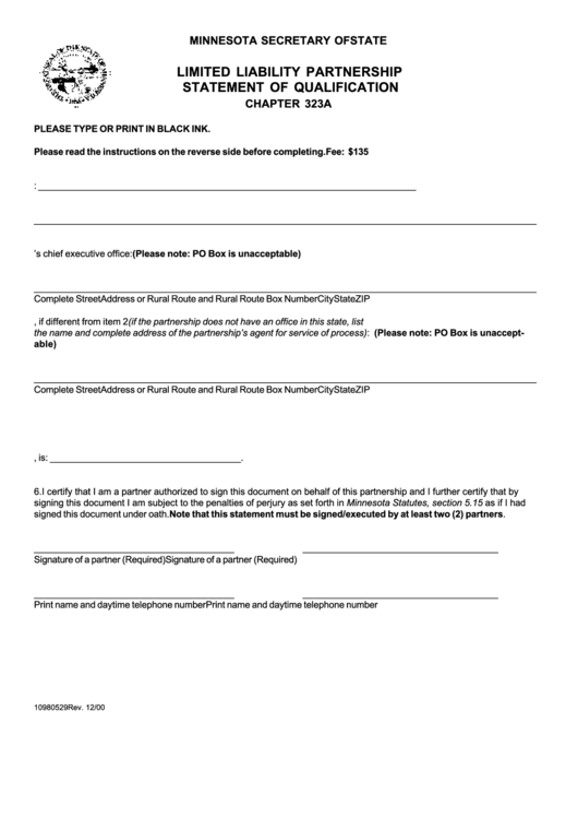 Limited Liability Partnership Statement Of Qualification Form - Minnesota Secretary Of State Printable pdf