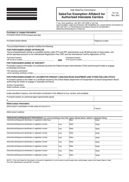 Form Tc-719 - Sales Tax Exemption Affidavit For Authorized Interstate Carriers - 2001 Printable pdf