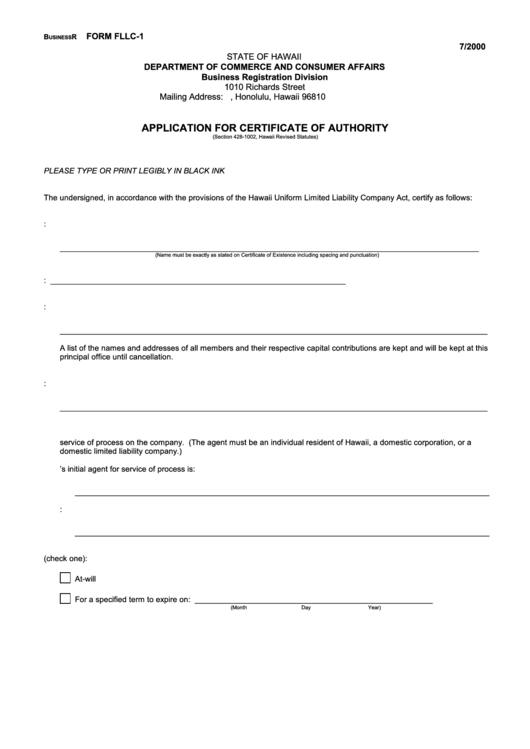 Form Fllc-1 - Application For Certificate Of Authority Printable pdf