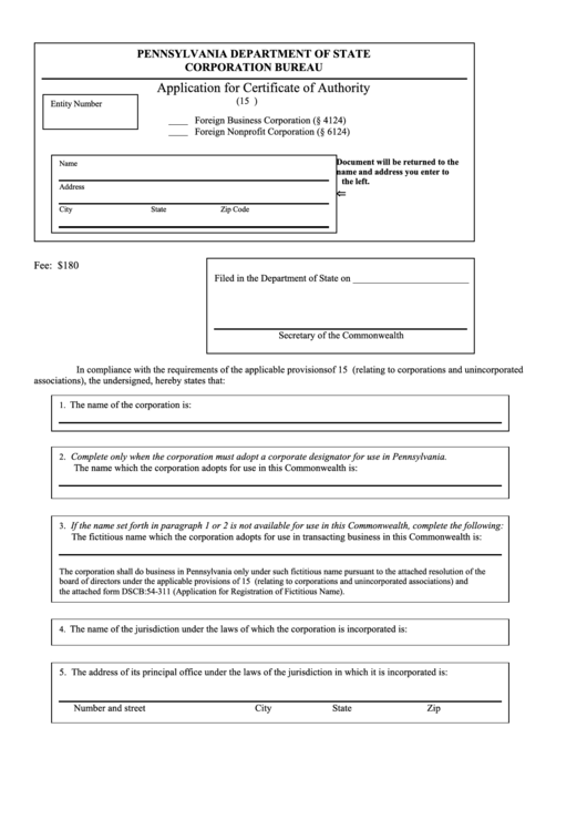 Fillable Application For Certificate Of Authority - Pennsylvania Bureau Of Corporations And Charitable Organizations Printable pdf