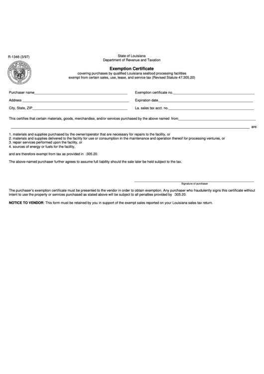 Fillable Form R-1346 - Exemption Certificate - State Of Louisiana Department Of Revenue And Taxation - 1997 Printable pdf