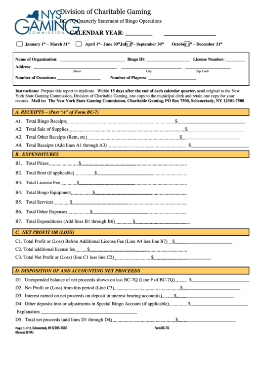 Form Bc-7q - Quarterly Statement Of Bingo Operations - Nys Gaming Commission - Division Of Charitable Gaming Printable pdf