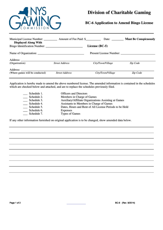 Form Bc-6 - Application To Amend Bingo License Printable pdf