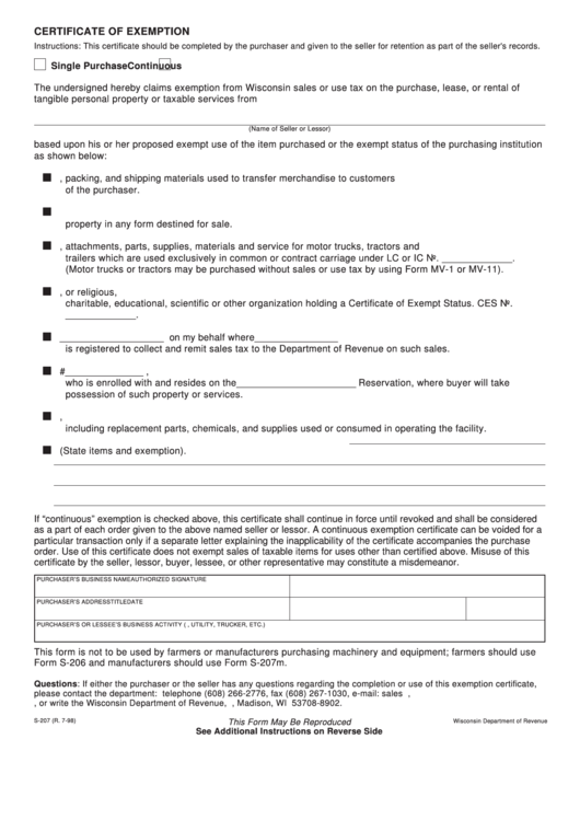 Form S-207 - Wisconsin Certificate Of Exemption (Single Purchase/continuous) Printable pdf