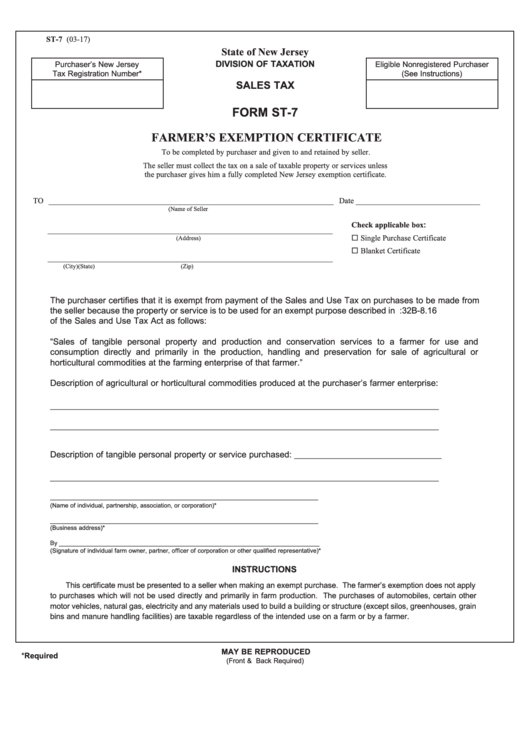 Form St-7 - Farmer's Exemption Certificate - 2017