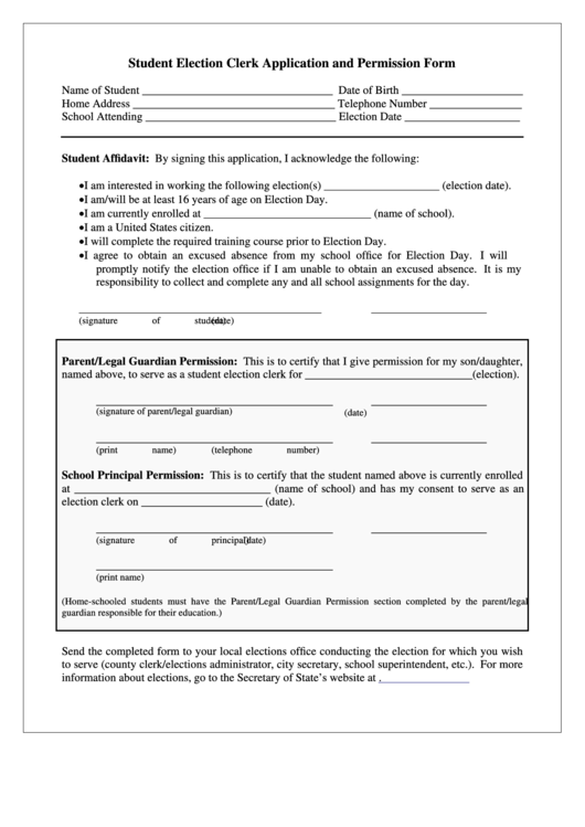 Fillable Student Election Clerk Application And Permission Form Printable pdf