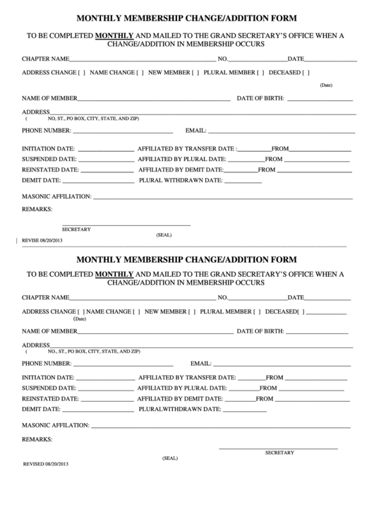 Monthly Membership Change/addition Form