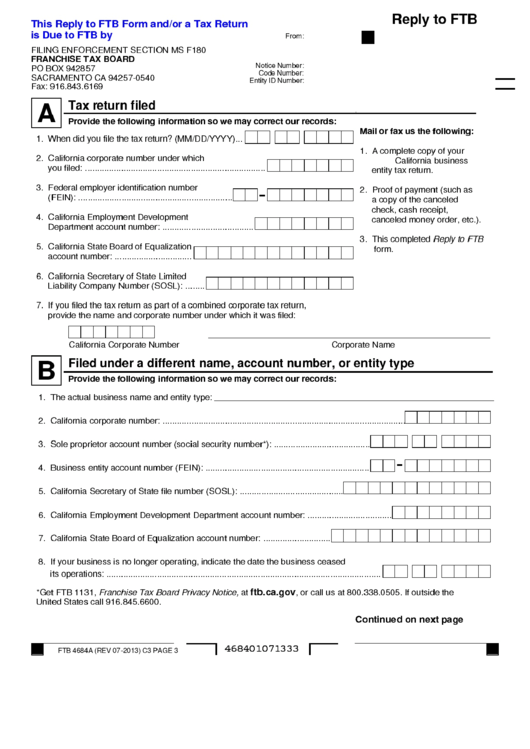 Form Ftb 4684a - Demand For Tax Return - Questionnaire - 2013 Printable pdf