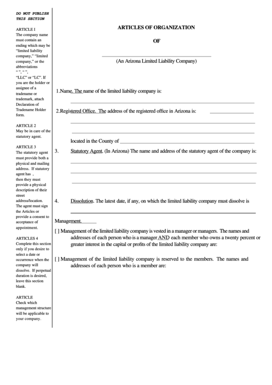 Form Ll:0004 - Articles Of Organization Of Arizona Limited Liability Company Printable pdf