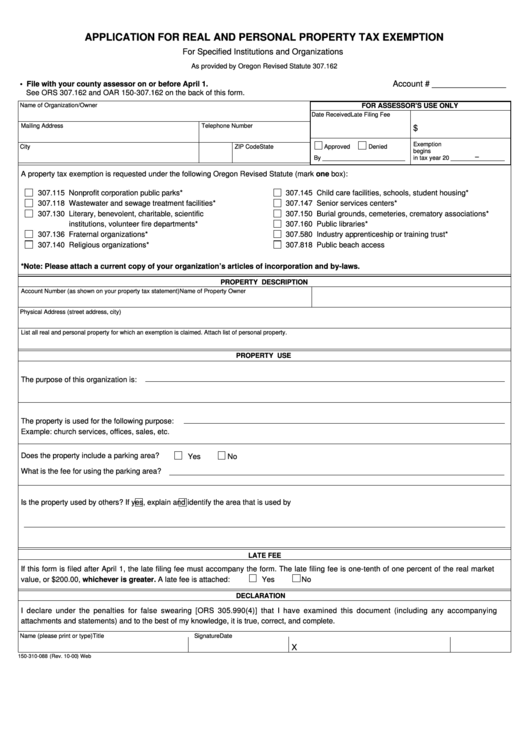 Application For Real And Personal Property Tax Exemption Form - Oregon Printable pdf
