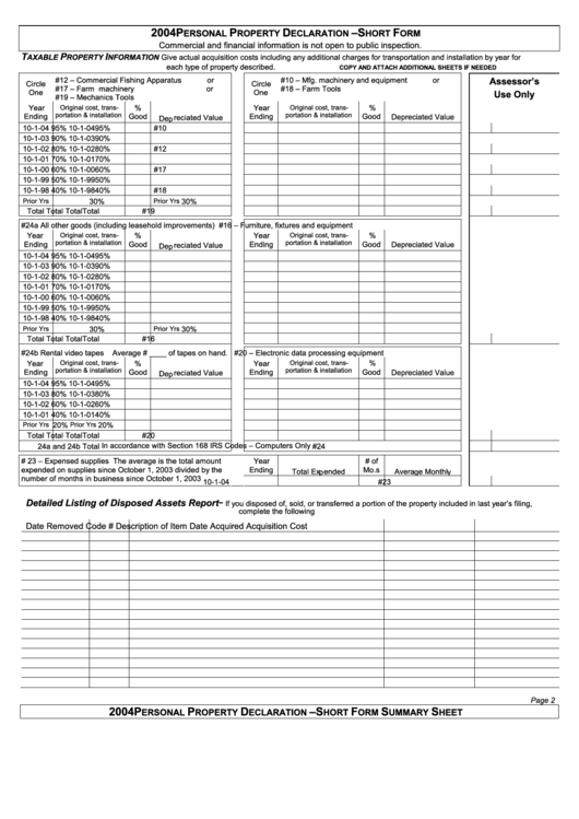Declaration Of Personal Property - Short Form - Connecticut - 2004 Printable pdf