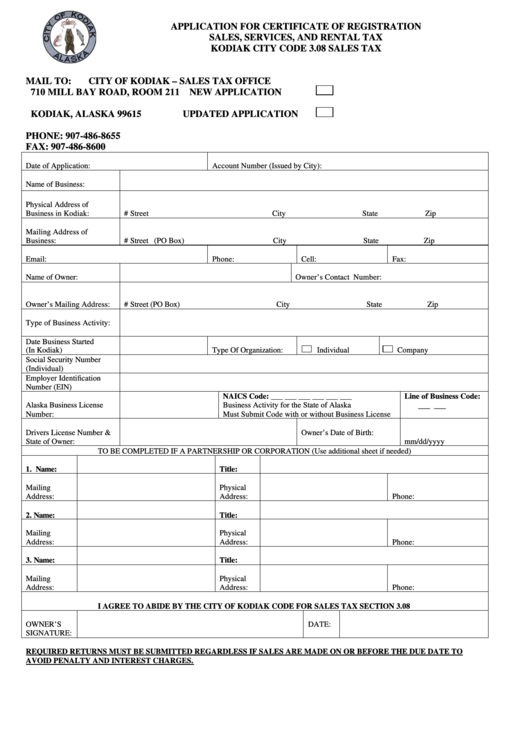 Fillable Application Form For Certificate Of Registration Sales, Services, And Rental Tax - City Of Kodiak - Alaska Printable pdf