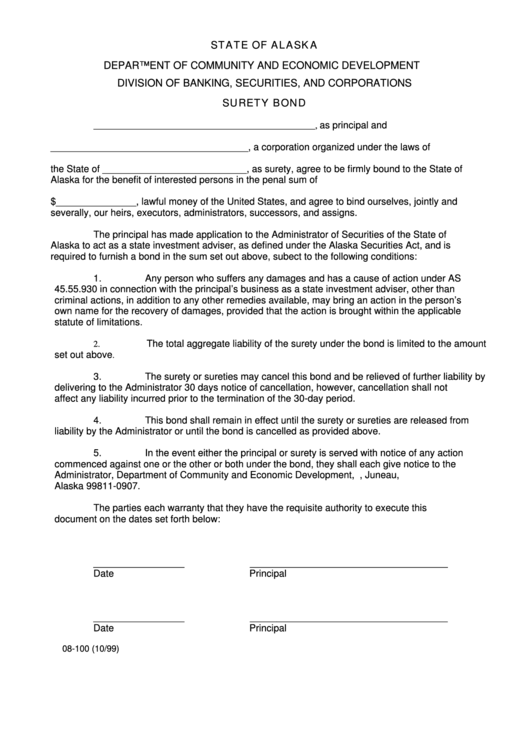 Fillable Form 08-100 - Surety Bond - Alaska Department Of Community And Economic Development Printable pdf