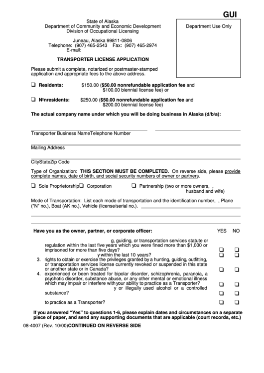 Form 08-4007 - Transporter License Application Printable pdf