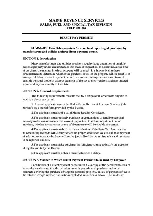 Direct Payment Permits Form - Maine Revenue Services Printable pdf