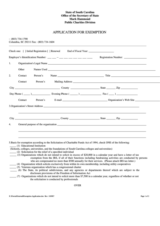 Application For Exemption - Secretary Of State Printable pdf