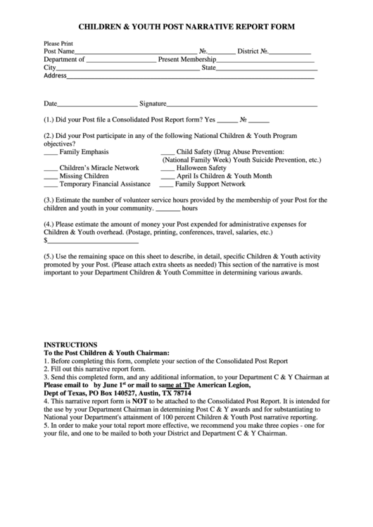 Fillable Children & Youth Post Narrative Report Form Printable pdf