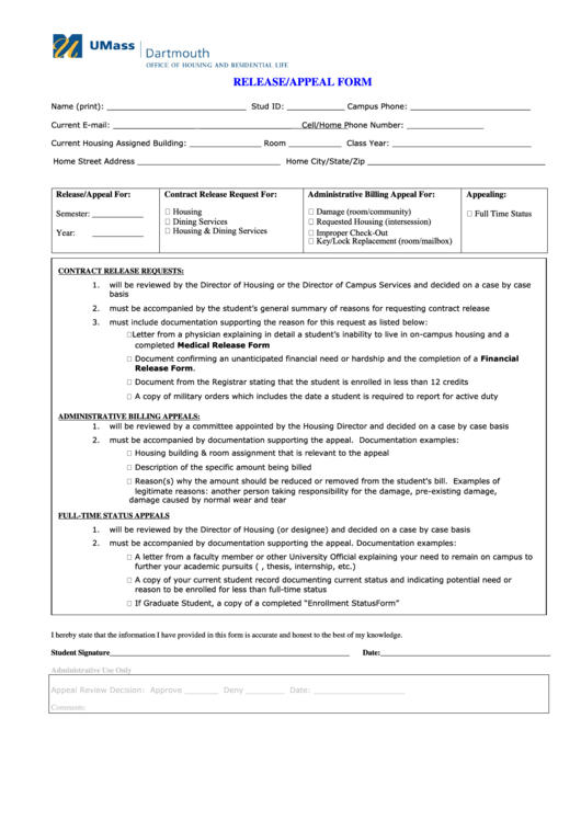 Release/appeal Form Printable pdf