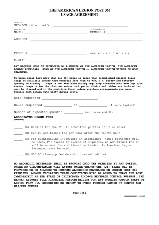 Usage Agreement Template - The American Legion Post 365 Printable pdf
