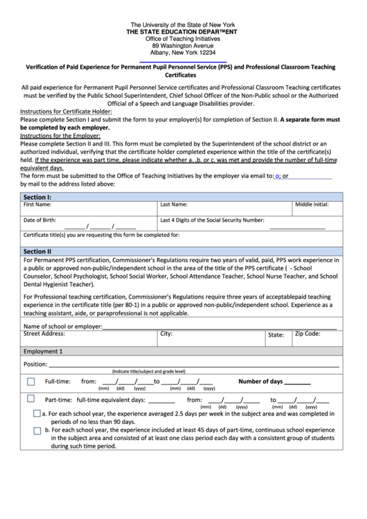 Form Ot 37 - Verification Of Paid Experience For Permanent Pupil Personnel Service (Pps) And Professional Classroom Teaching Certificates Printable pdf