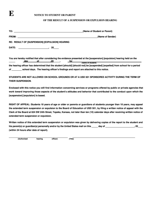 Fillable Form E - Notice To Student Or Parent Of The Result Of A Suspension Or Expulsion Hearing Printable pdf