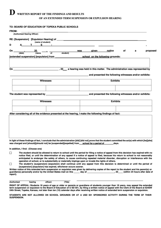 Fillable Form D - Written Report Of The Findings And Results Of An Extended Term Suspension Or Expulsion Hearing Printable pdf