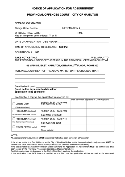 Notice Of Application For Adjournment Form Printable pdf